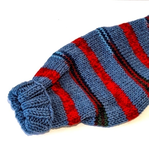HANDMADE hand knit blue striped dog sweater medium - Picture 2 of 5